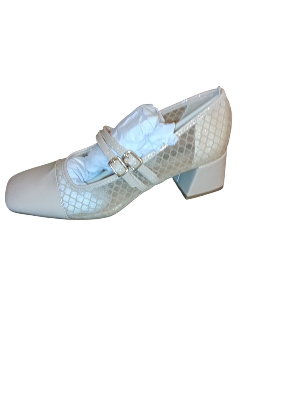Cream Textured Block Heel Mary Jane Pumps with Double Buckle